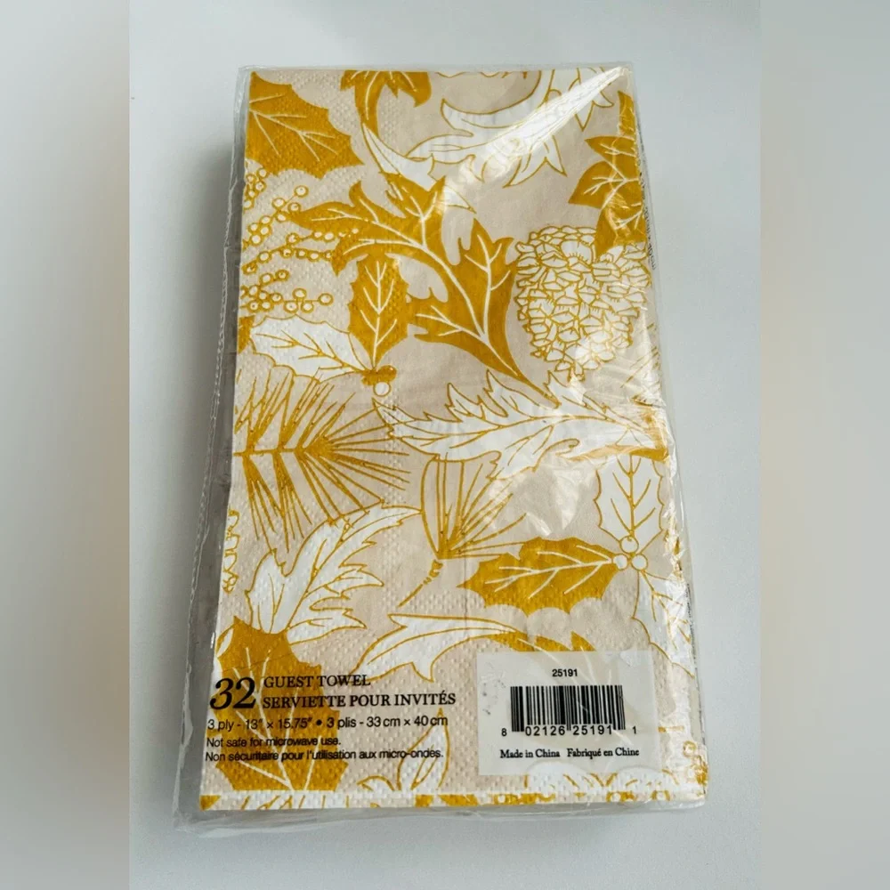New Punch Studio Guest Towels Napkins Gold Foil White Flowers Leaves 8